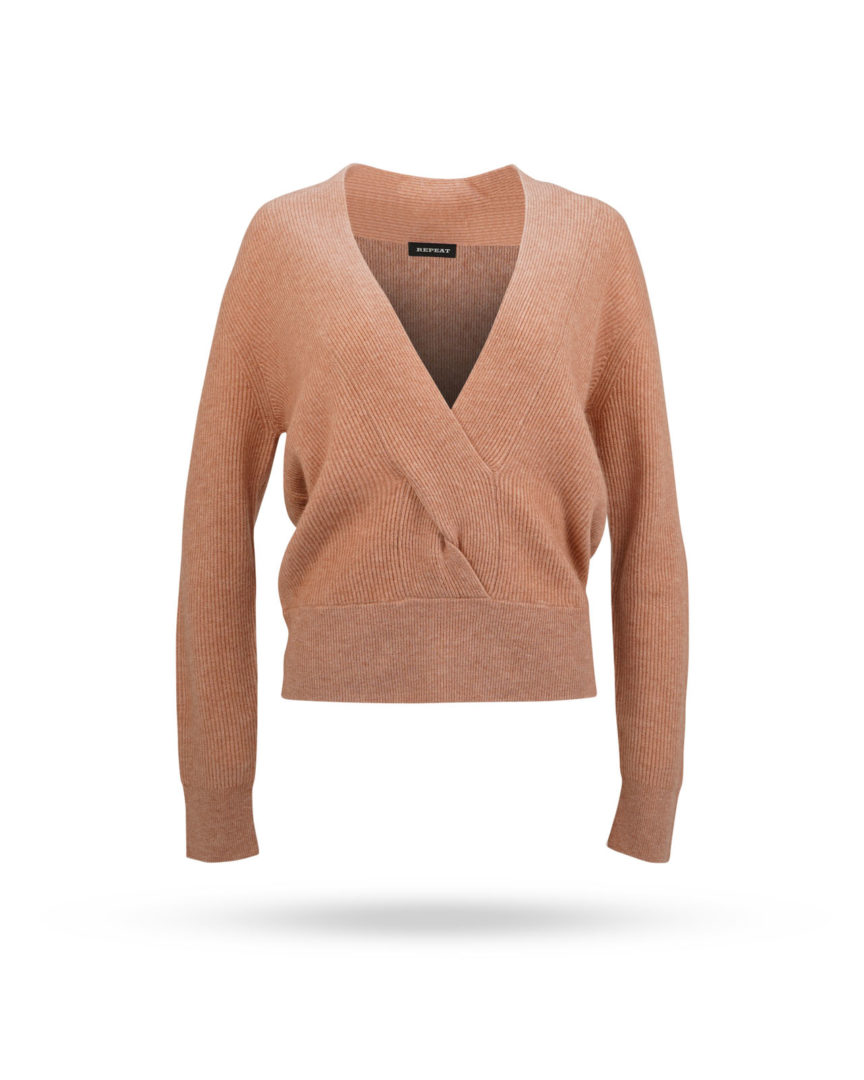 Repeat-Grobstrick-Pullover-mit-Wickeloptik-Apricot-200604 Repeat Grobstrick Pullover mit Wickeloptik Apricot 200604
